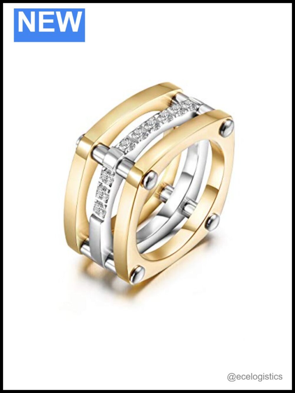 Square Chunky Cocktail Ring Gold Plated Stainless Steel CZ Statement Ring